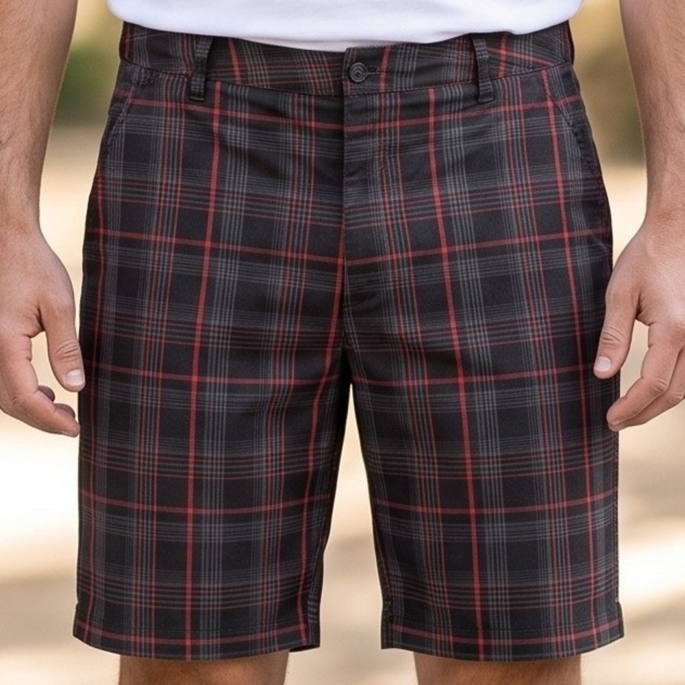 Fila Sport Golf Shorts Mens Black Red Plaid Flat Front Performance Activewear